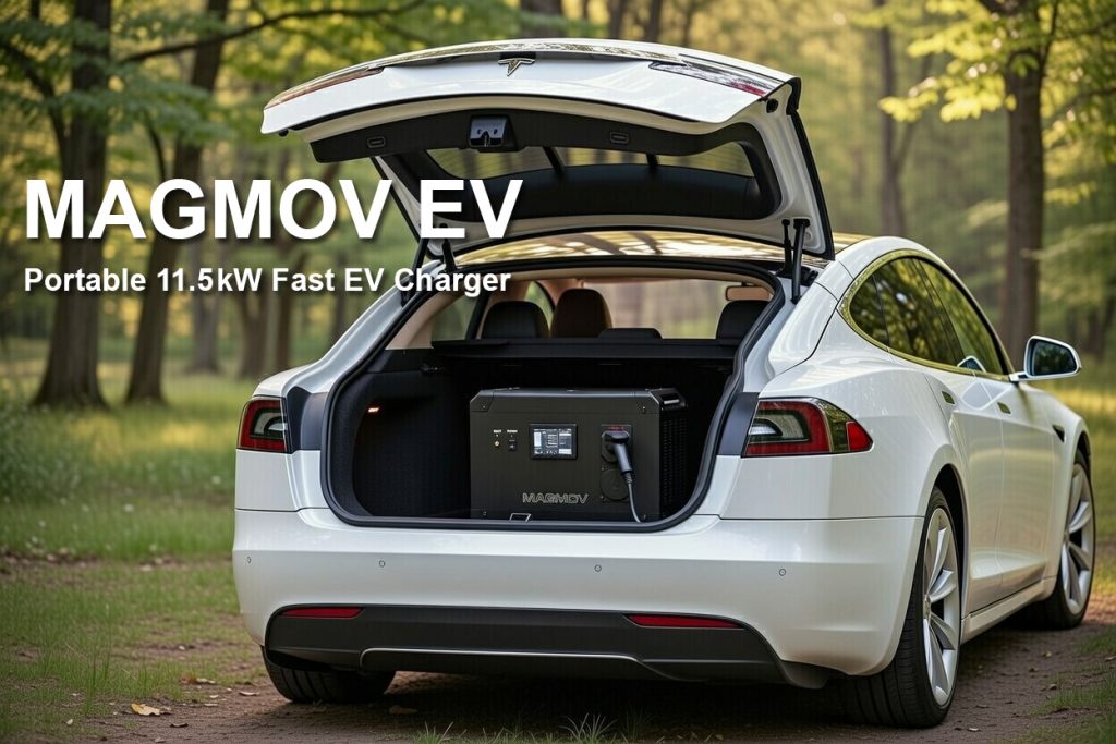 MAGMOV EV portable electric vehicle charger, 11.5 kW DC, 380 V, fuelless magnetic generator, plug-and-play, no solar, no external energy, Tesla charging plug, compact black design
