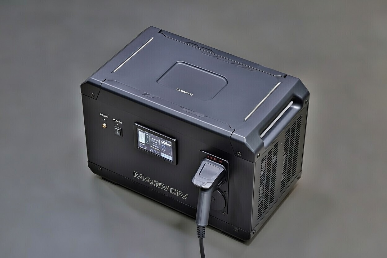 MAGMOV EV is a portable, high-power electric vehicle charger powered by a magnetic generator — producing electricity without fuel, solar panels, or external power sources. Output: 11.5 kW DC, 380 V. Compact and lightweight (80 cm × 65 cm × 45 cm / 31.5 in × 25.6 in × 17.7 in, 42 kg / 92.5 lbs). Features include a Tesla plug port, engraved MAGMOV logo,… <a href="https://magmovenergy.com/product/magmov-ev/" rel="bookmark">Read More »<span class="screen-reader-text">MAGMOV EV</span></a> MAGMOV EV portable electric vehicle charger, 11.5 kW DC, 380 V, fuelless magnetic generator, plug-and-play, no solar, no external energy, Tesla charging plug, compact black design